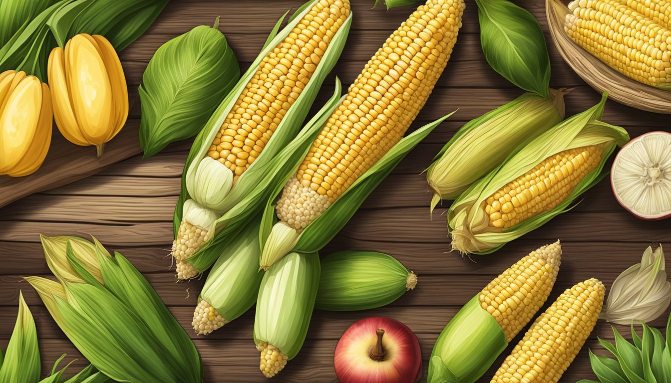 A colorful assortment of fresh corn on the cob and a variety of ripe fruit arranged on a rustic wooden table