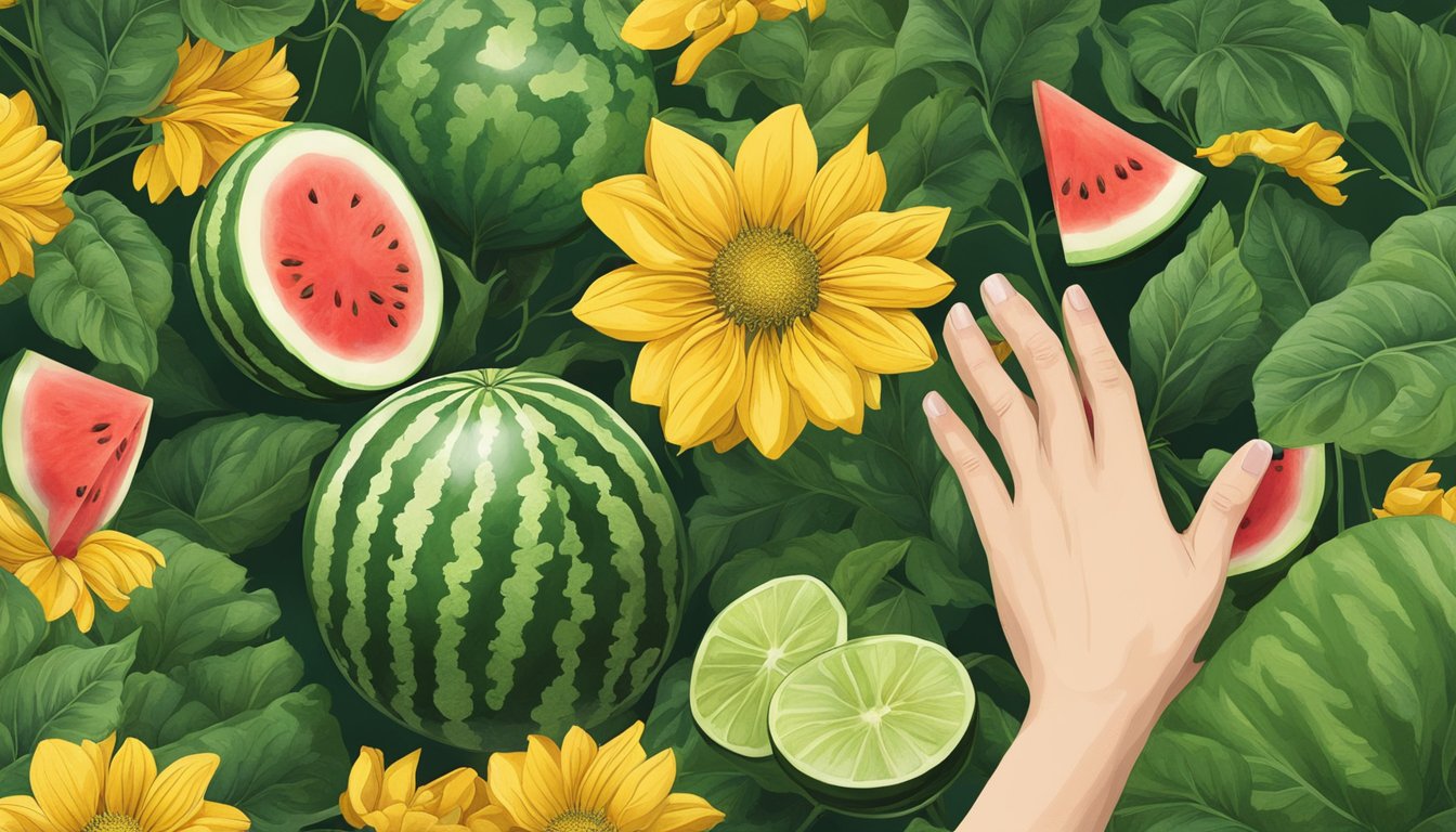 A hand reaching for a ripe watermelon, surrounded by lush green vines and large, yellow flowers