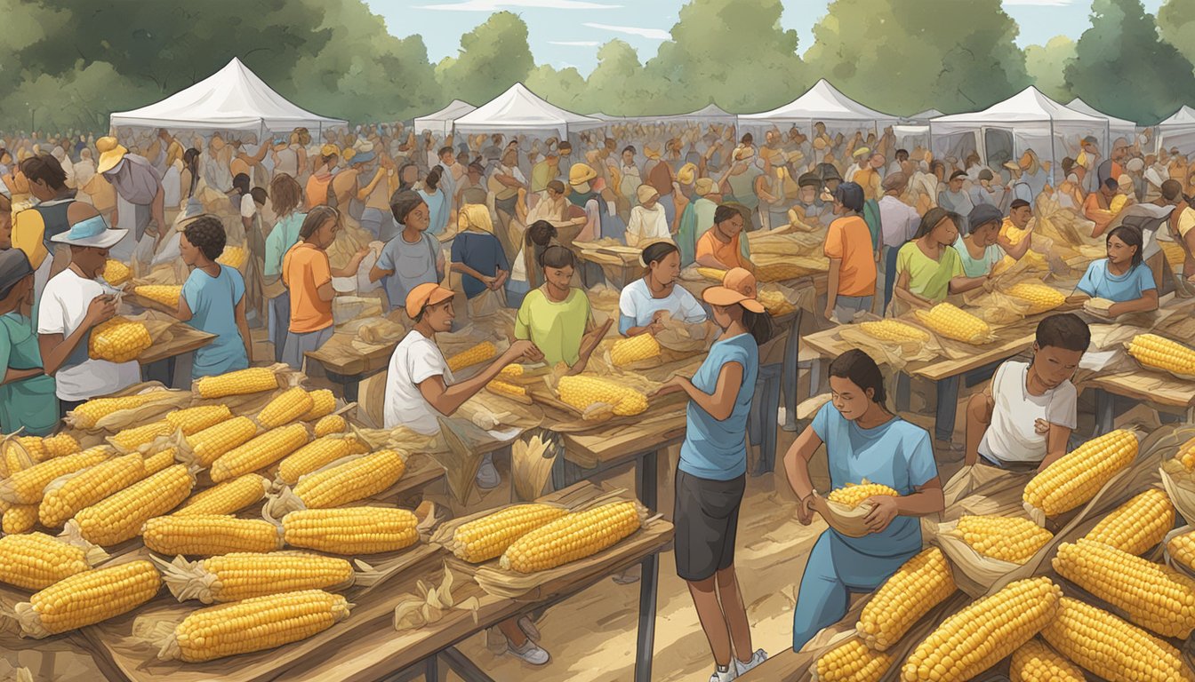 A crowded outdoor festival, with a long table covered in piles of corn on the cob. A timer counts down as competitors eagerly prepare to devour the corn