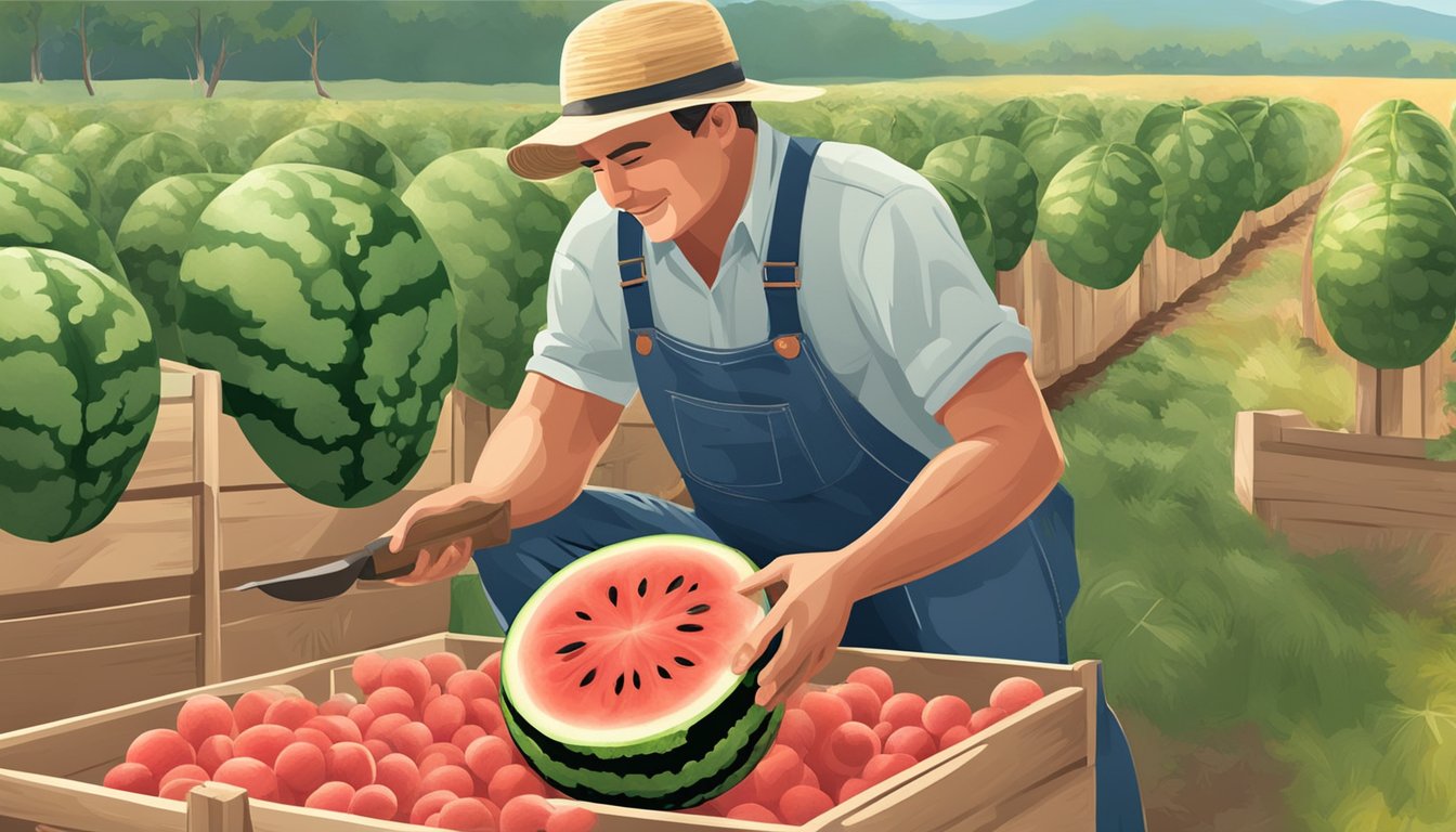 A farmer cutting open a ripe watermelon, revealing the seeds inside. Nearby, a basket is filled with harvested watermelons