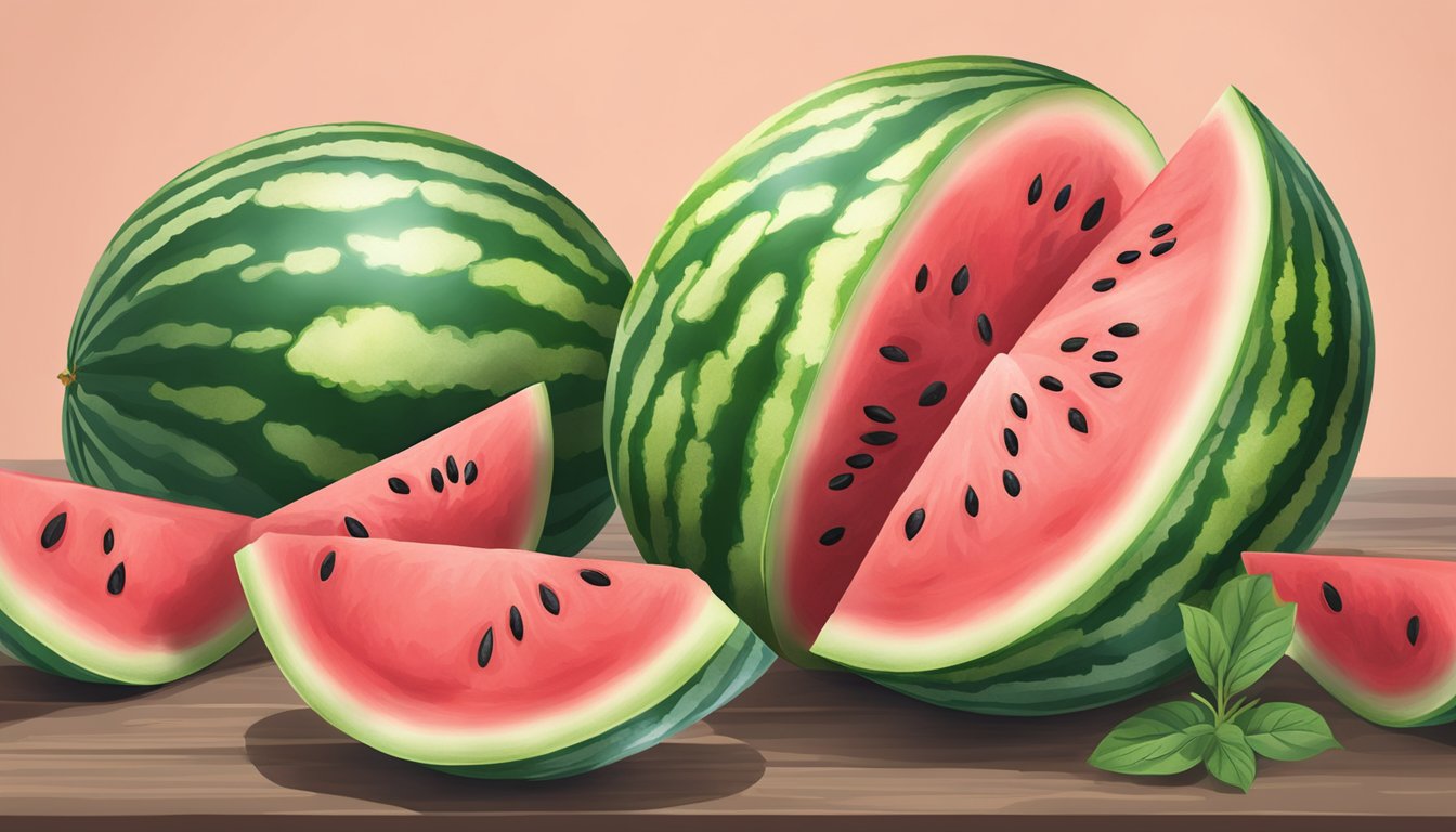 A ripe watermelon being cut open, revealing the seeds inside