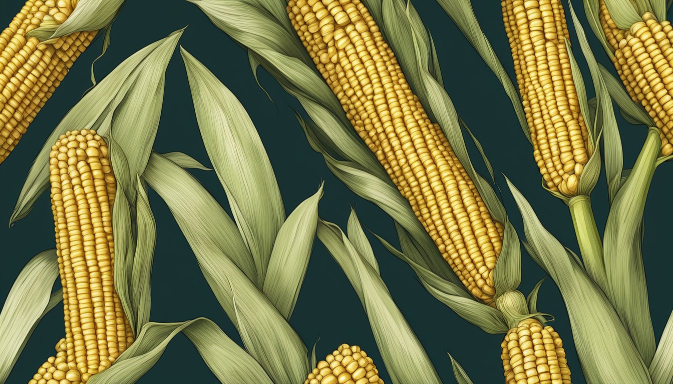 A golden ear of corn on the cob, husk peeled back, positioned vertically to showcase its length and significance in history