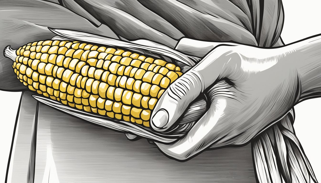 A hand holding a fresh ear of corn, husk pulled back, ready for grilling