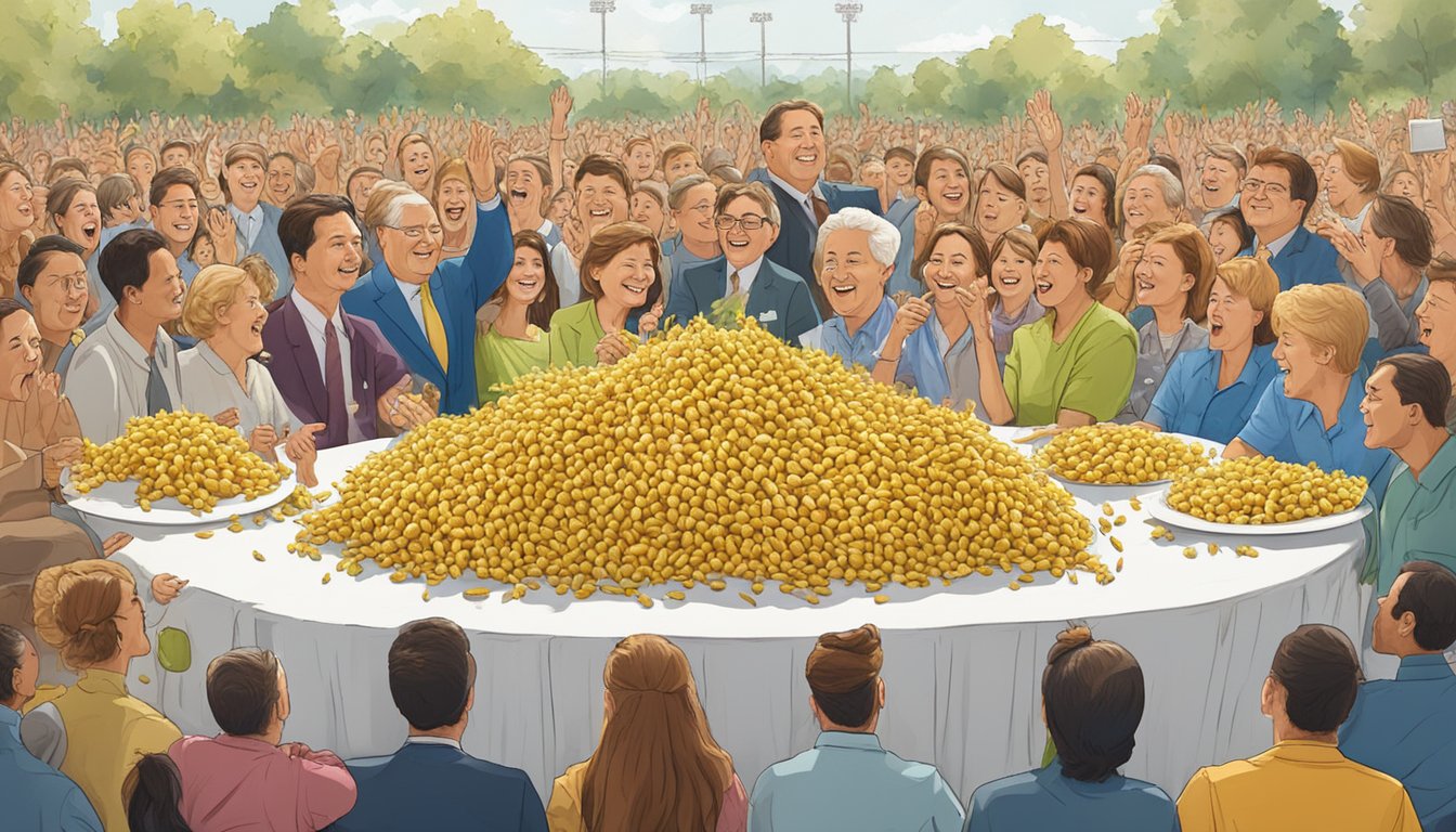 A table piled high with corn on the cob, surrounded by cheering spectators and a panel of judges