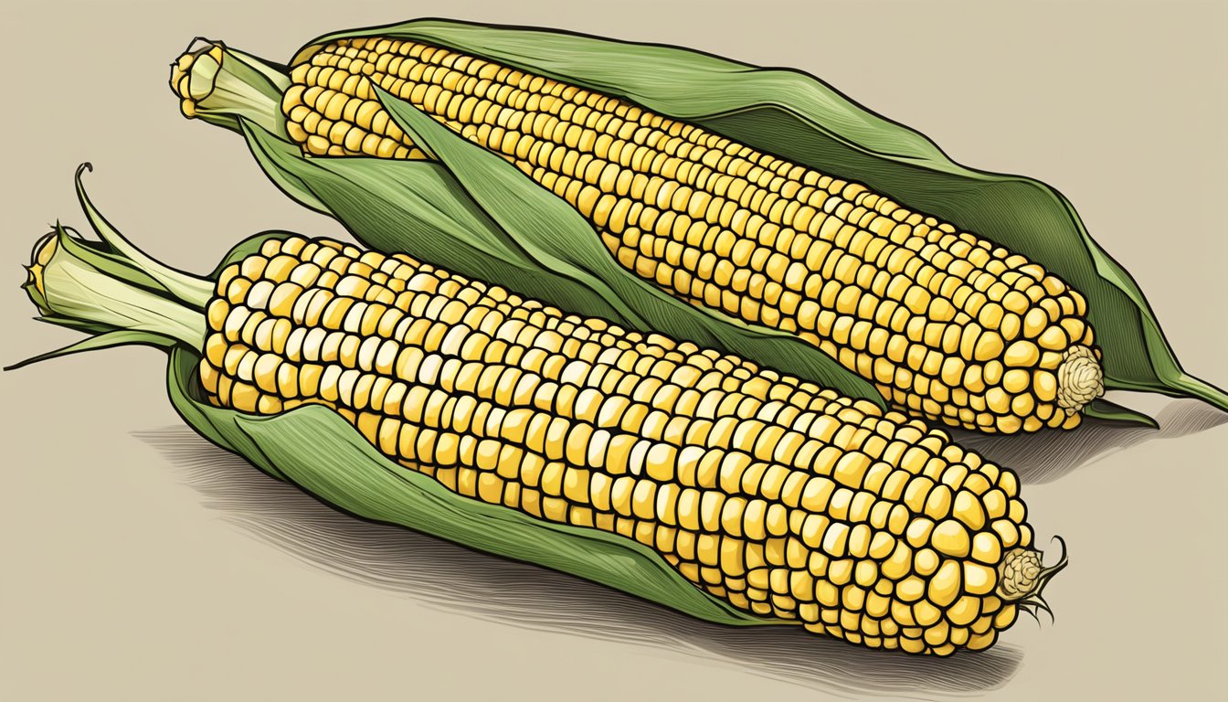 A golden ear of corn on the cob, husks peeled back, ready for grilling