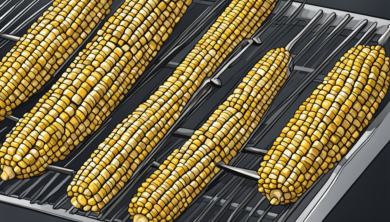 A grill with rows of corn on the cob, sliced lengthwise, ready for cooking