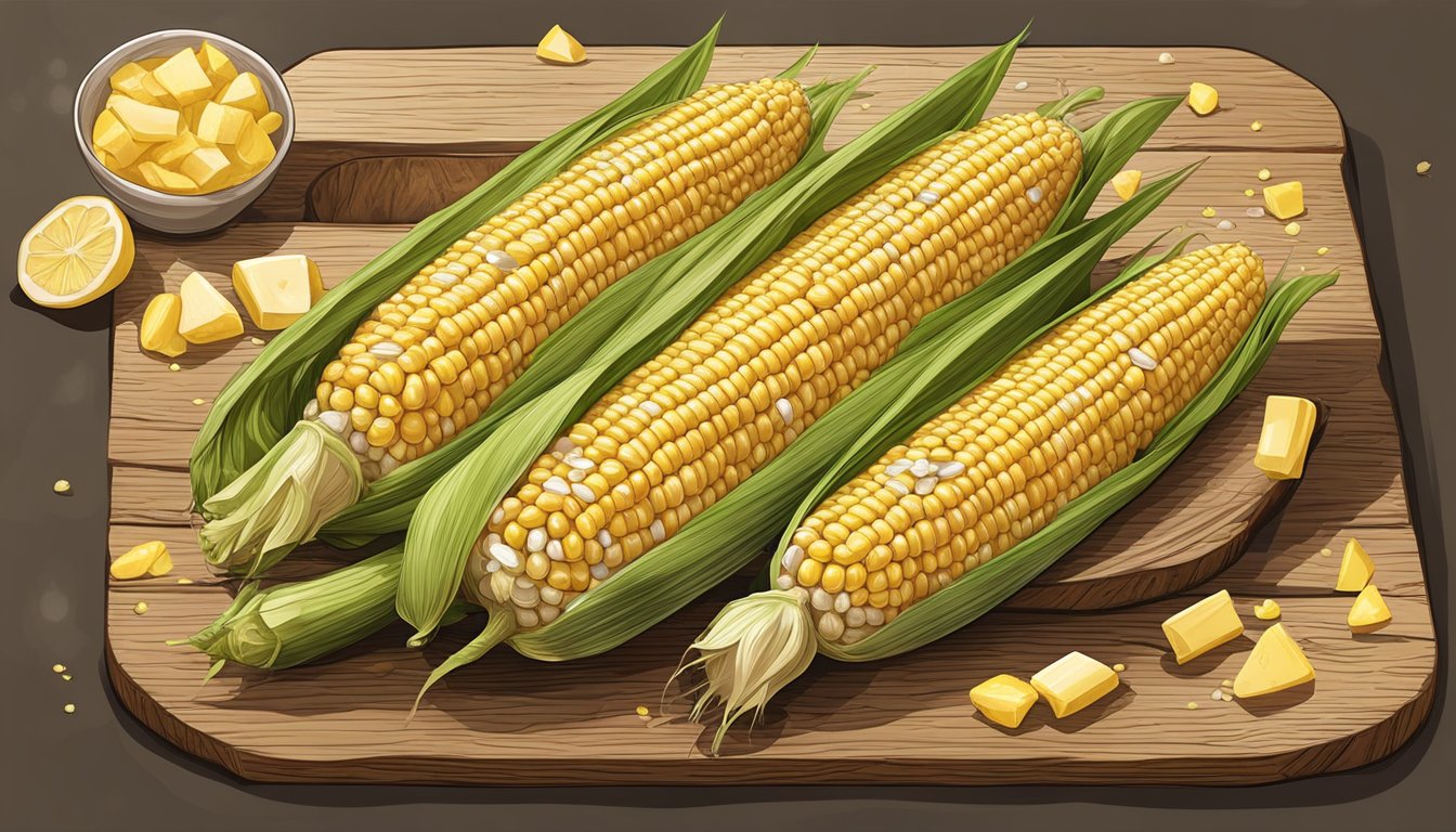 Corn on the cob sliced lengthwise, arranged on a rustic wooden platter with a sprinkle of seasoning and a drizzle of butter