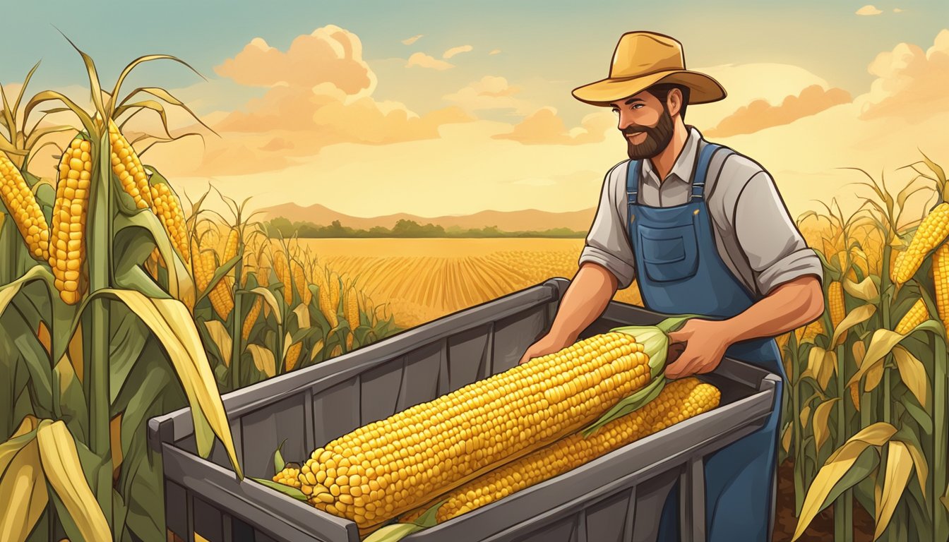 A farmer harvests ripe corn on the cob from the field, ready to be transported and incorporated into the wider food system