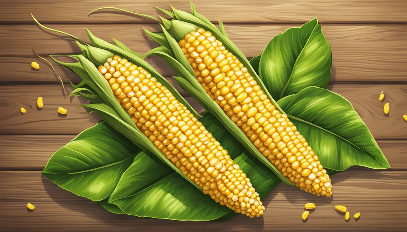 Two golden corn on the cob earrings dangling from a rustic wooden display, surrounded by vibrant green leaves and a few scattered kernels