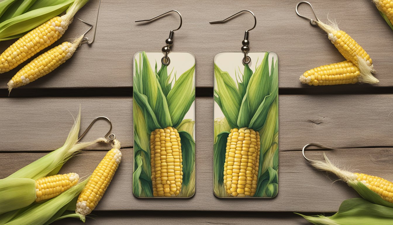 Two corn on the cob earrings with personalized initials hanging from a rustic display at a farmer's market