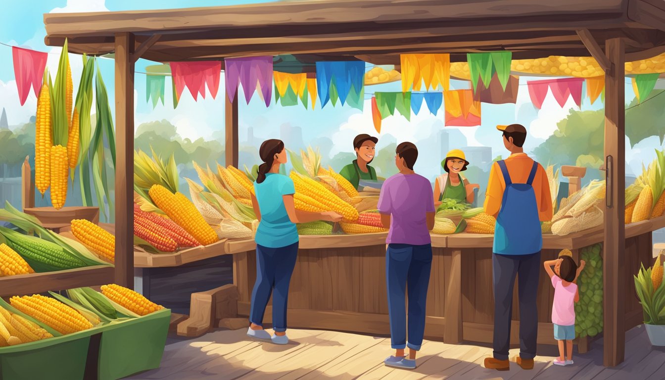 A market stall with vibrant corn on the cob earrings displayed on a wooden stand, surrounded by colorful banners and eager customers