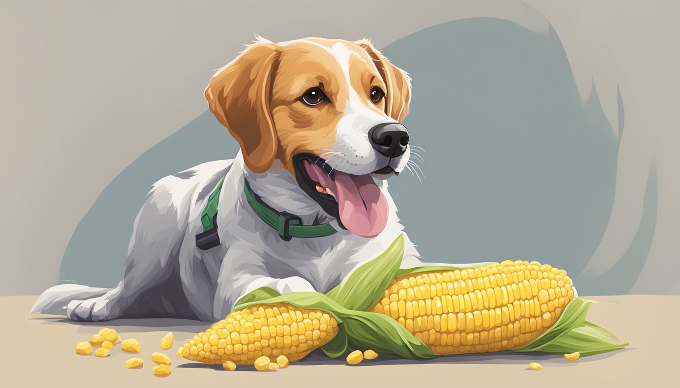 A dog playing with a corn on the cob dog toy, with potential choking hazard and supervision needed