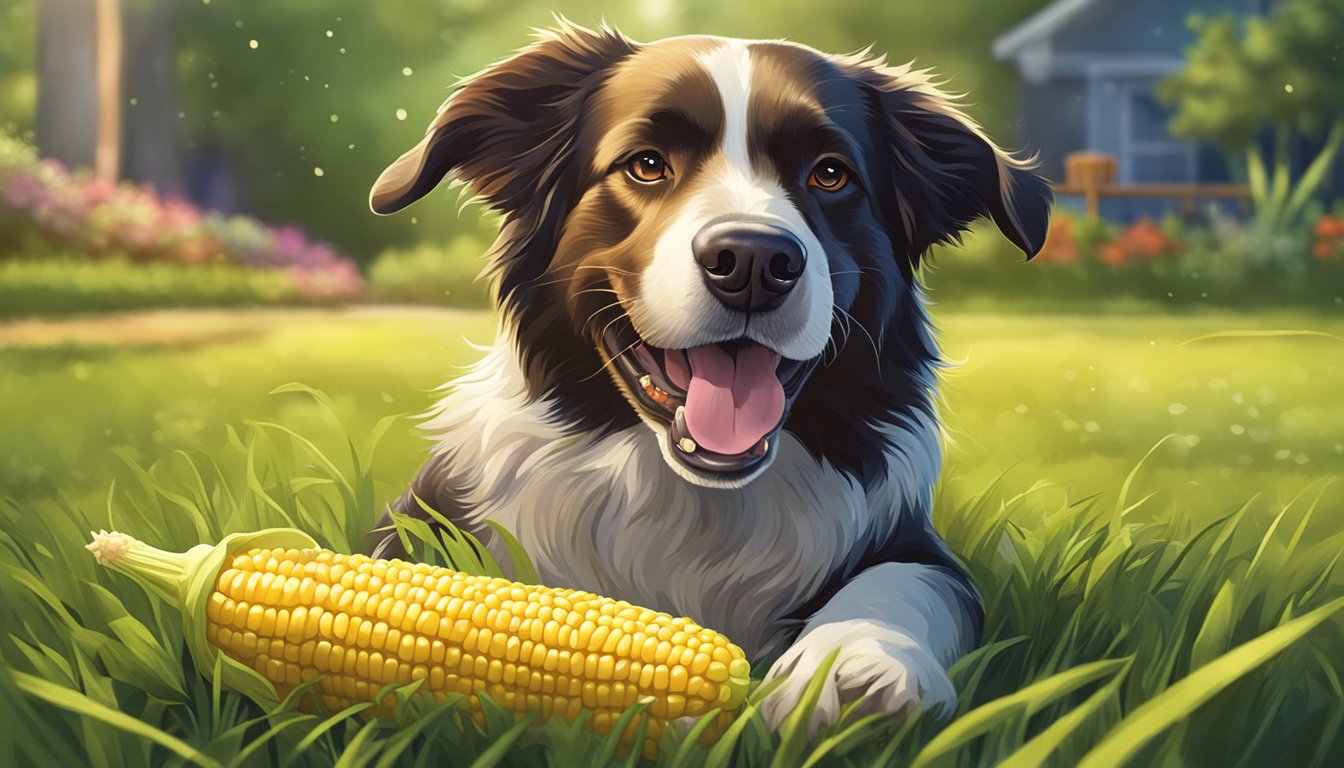 A happy dog playing with a corn on the cob dog toy in a grassy backyard