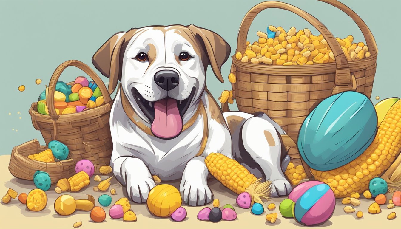 A playful dog gnawing on a corn-shaped toy, surrounded by scattered pet toys and a basket of chew treats