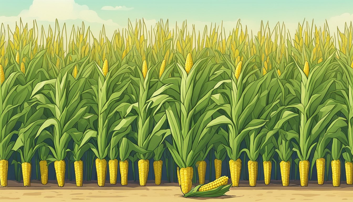 A giant corn on the cob costume stands in a field, surrounded by rows of tall, green cornstalks. The costume has bright yellow kernels and green husks