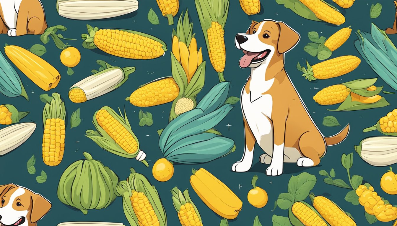 A happy dog playing with a corn on the cob-shaped dog toy, surrounded by expert opinions and advice on various dog toys