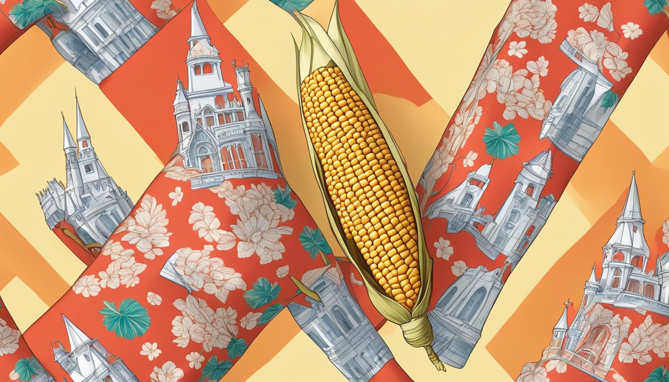 A golden ear of corn, steaming in the warm California sun, nestled in a vibrant red and white checked paper wrapper, with the iconic Disneyland castle in the background