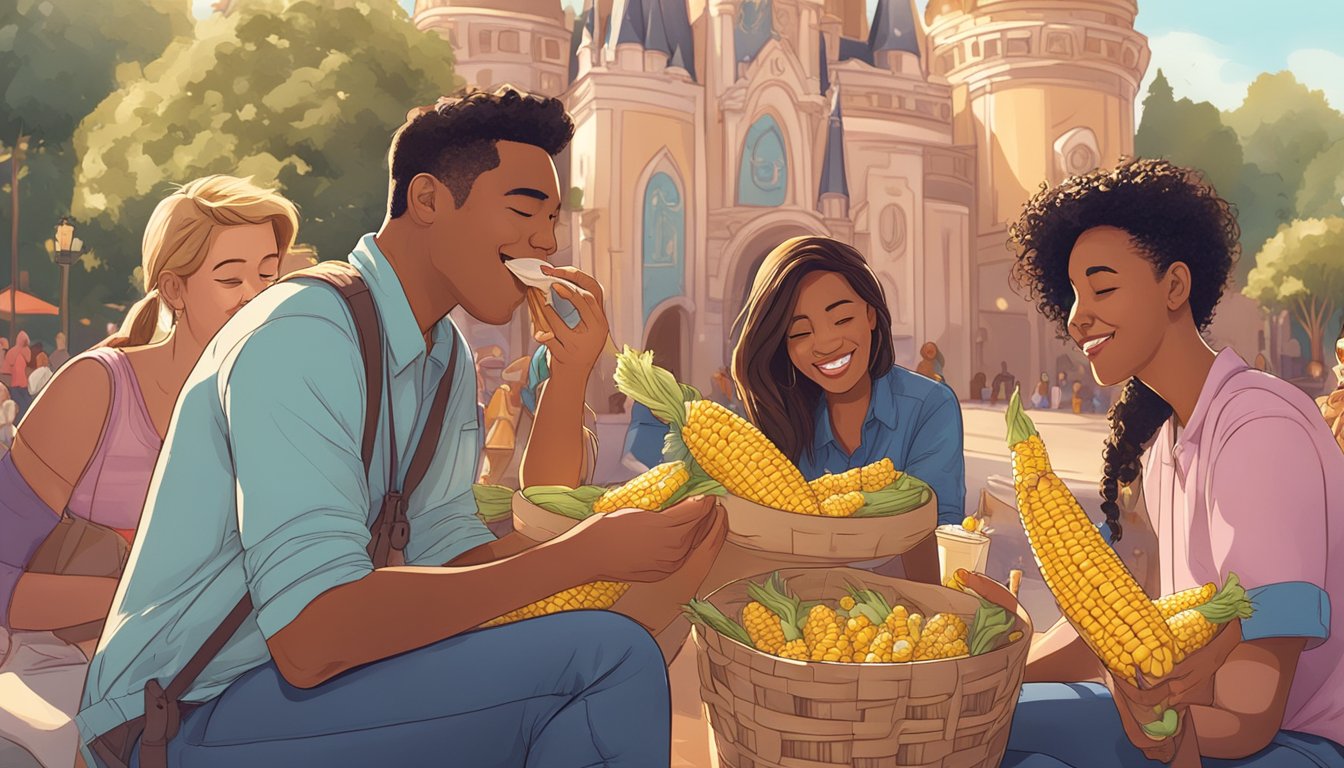 People snacking on corn on the cob while using social media at Disneyland