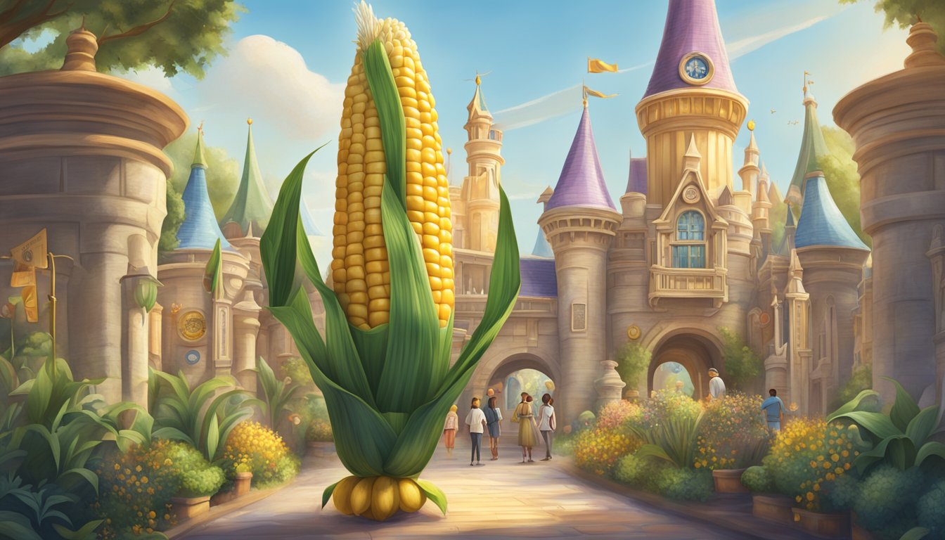 A corn on the cob stands in front of Disneyland, surrounded by privacy and visitor data symbols