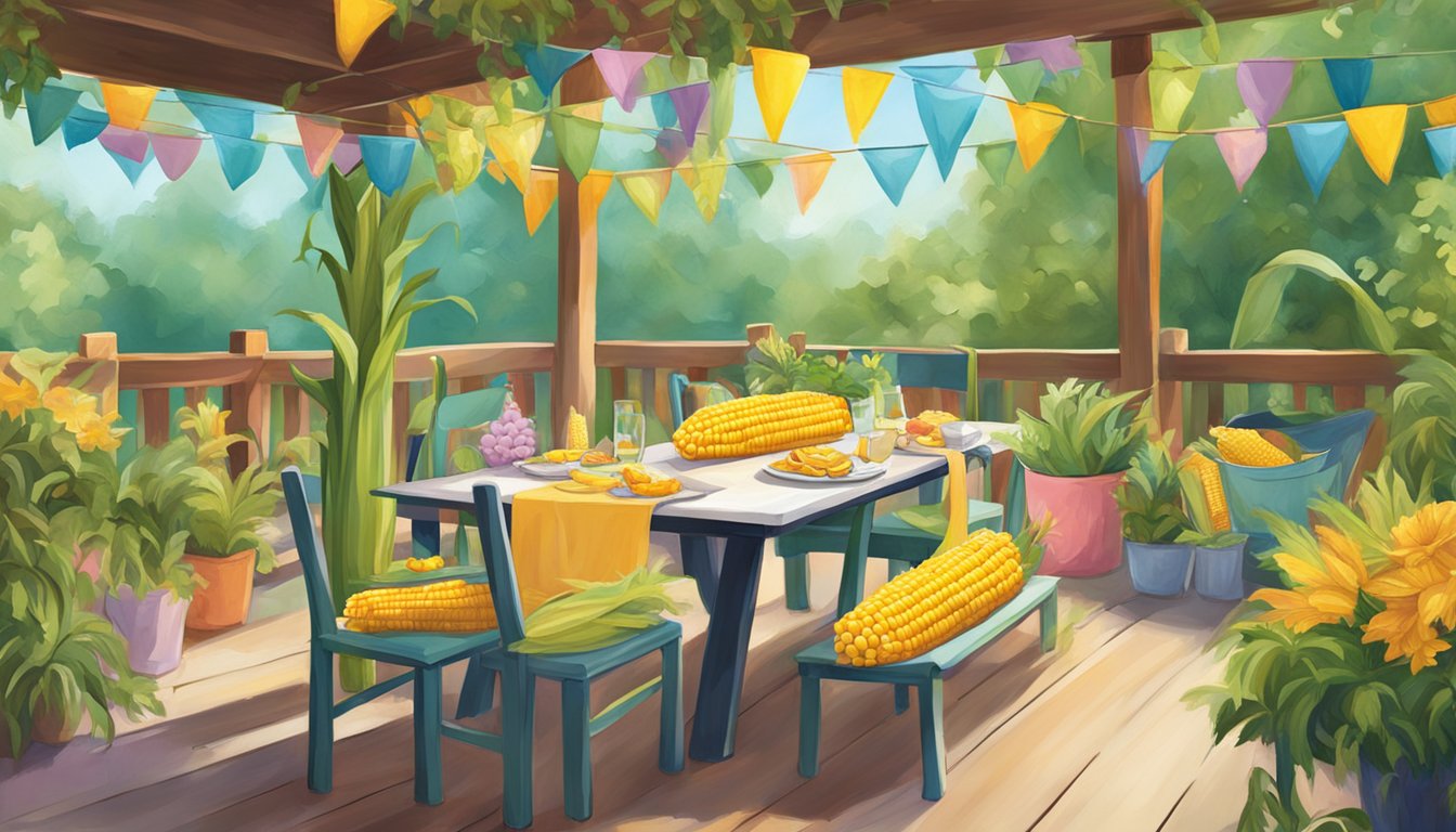 A colorful outdoor dining area with oversized corn on the cob decorations and a whimsical Disney theme