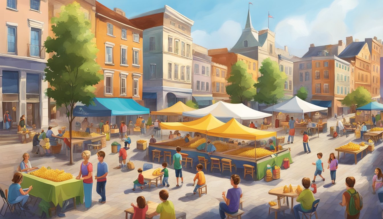 A bustling town square with colorful tents, children playing games, and families enjoying roasted corn on the cob