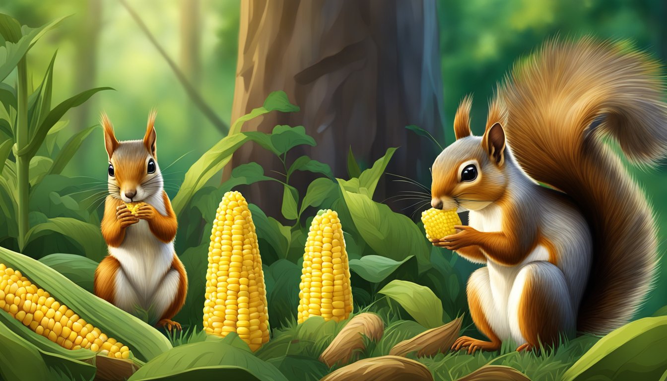 Squirrels nibbling on various types of corn on the cob in a lush, green forest clearing