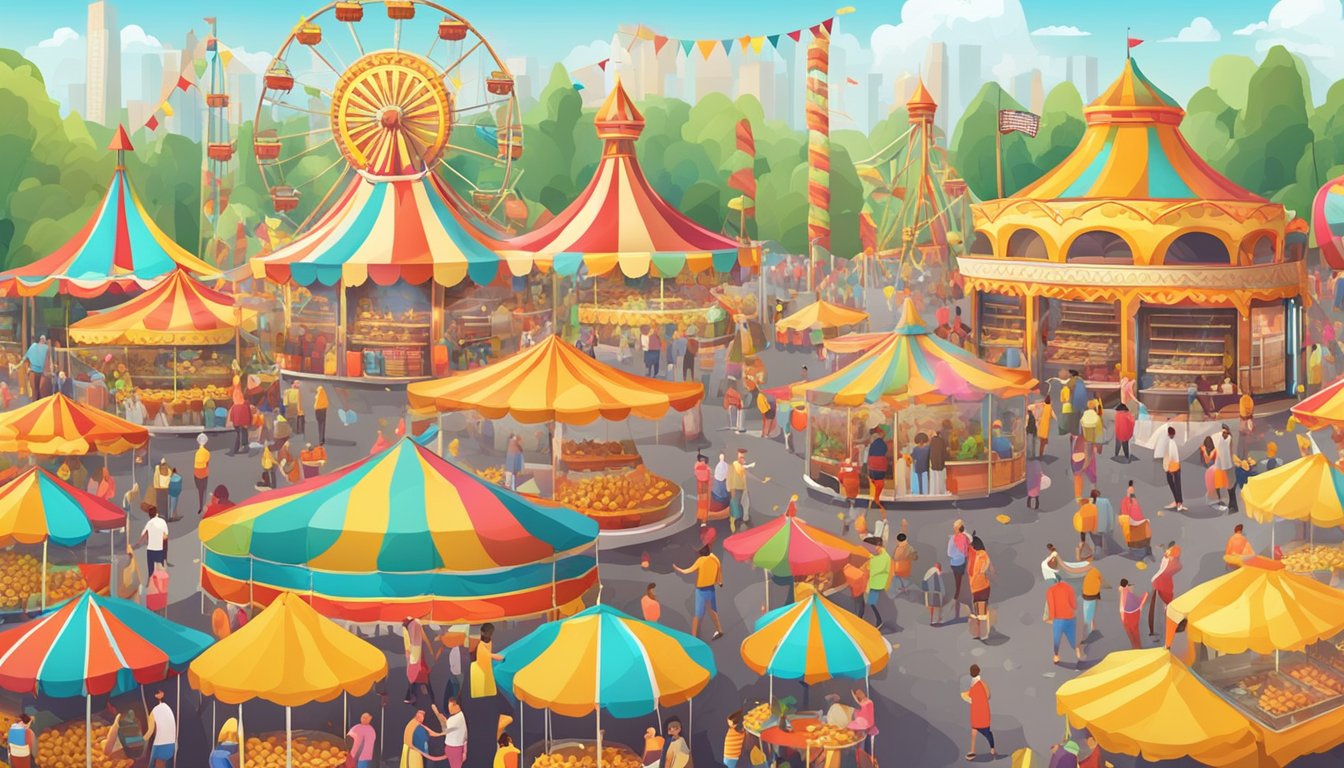 A festive fairground with colorful tents and a giant grill sizzling with rows of corn on the cob. Crowds of people enjoy the lively atmosphere