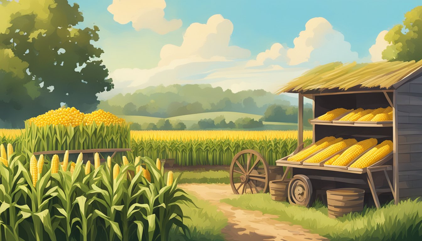 A rustic farm stand with piles of fresh corn on the cob, surrounded by fields of tall green cornstalks under a bright blue sky