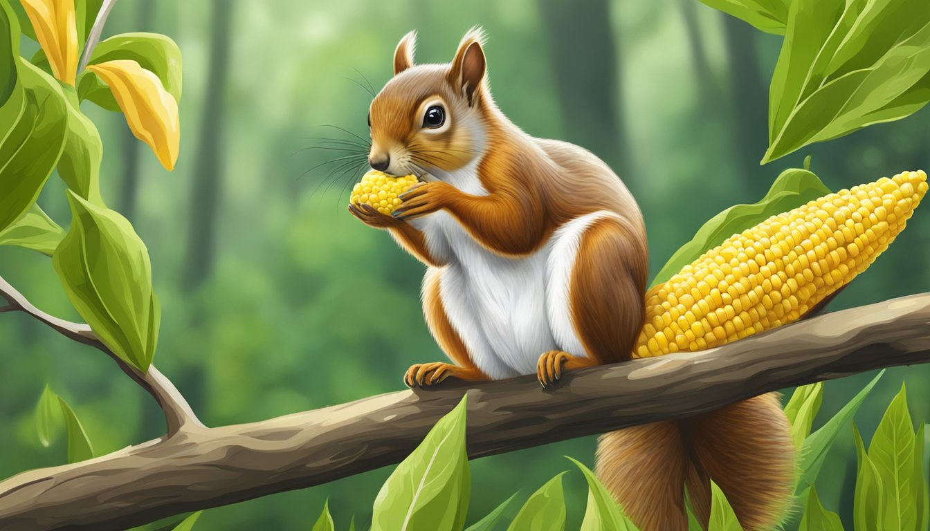 A squirrel nibbles on a fresh ear of corn, perched on a tree branch with a green forest background