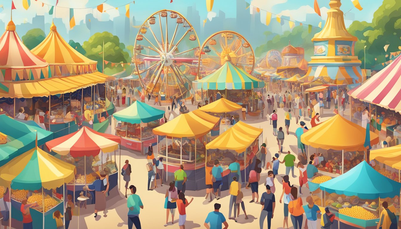 A bustling fairground with colorful tents, food stalls, and people enjoying corn on the cob