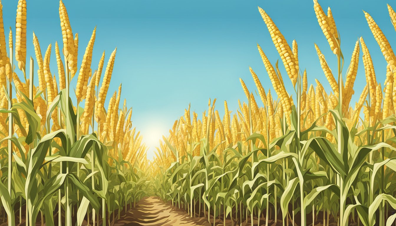 A sunny field with rows of tall cornstalks, some with ripe ears of corn, and a clear blue sky overhead