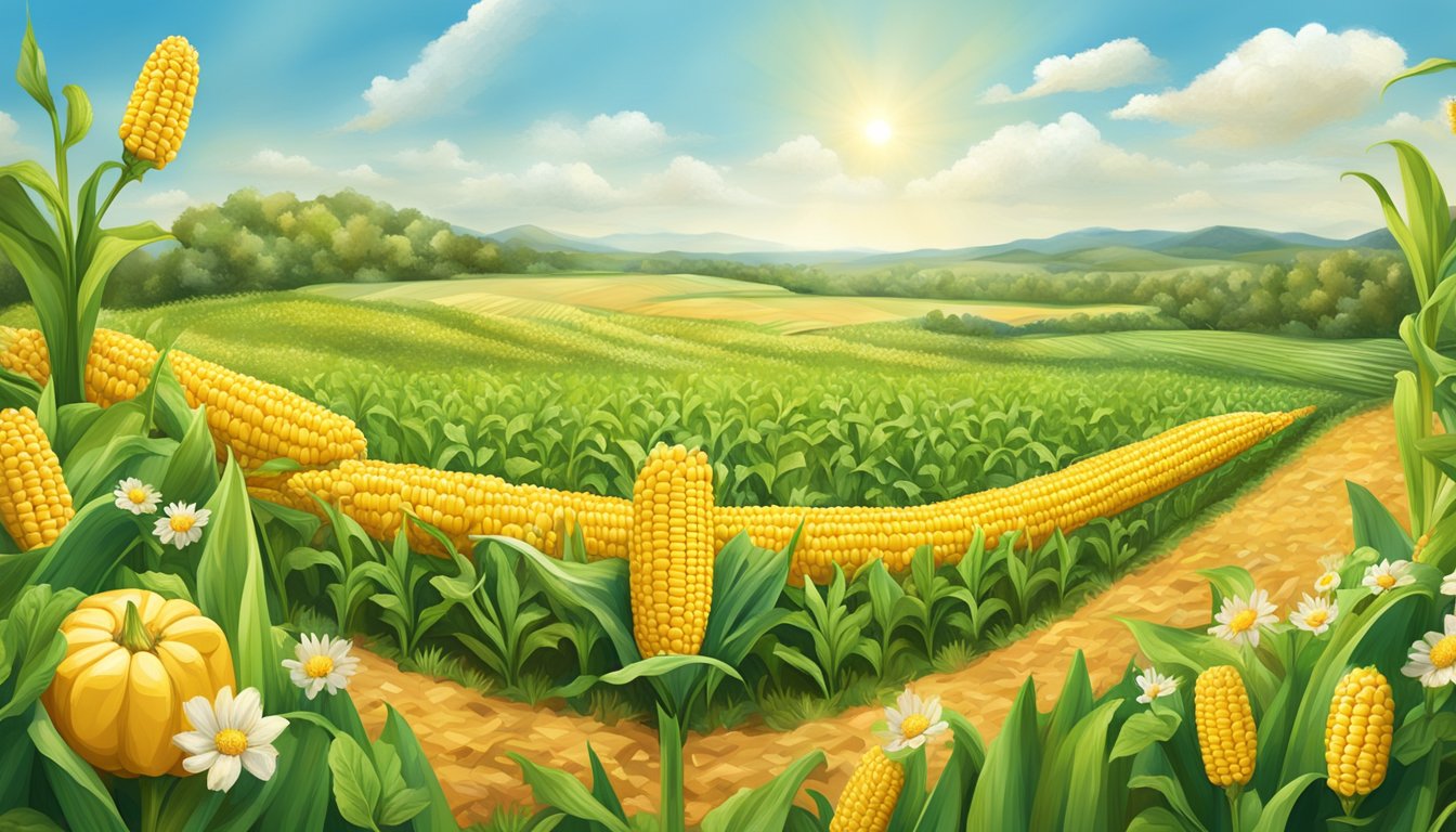 A sunny field with a giant corn on the cob surrounded by various sponsor logos and advertising banners