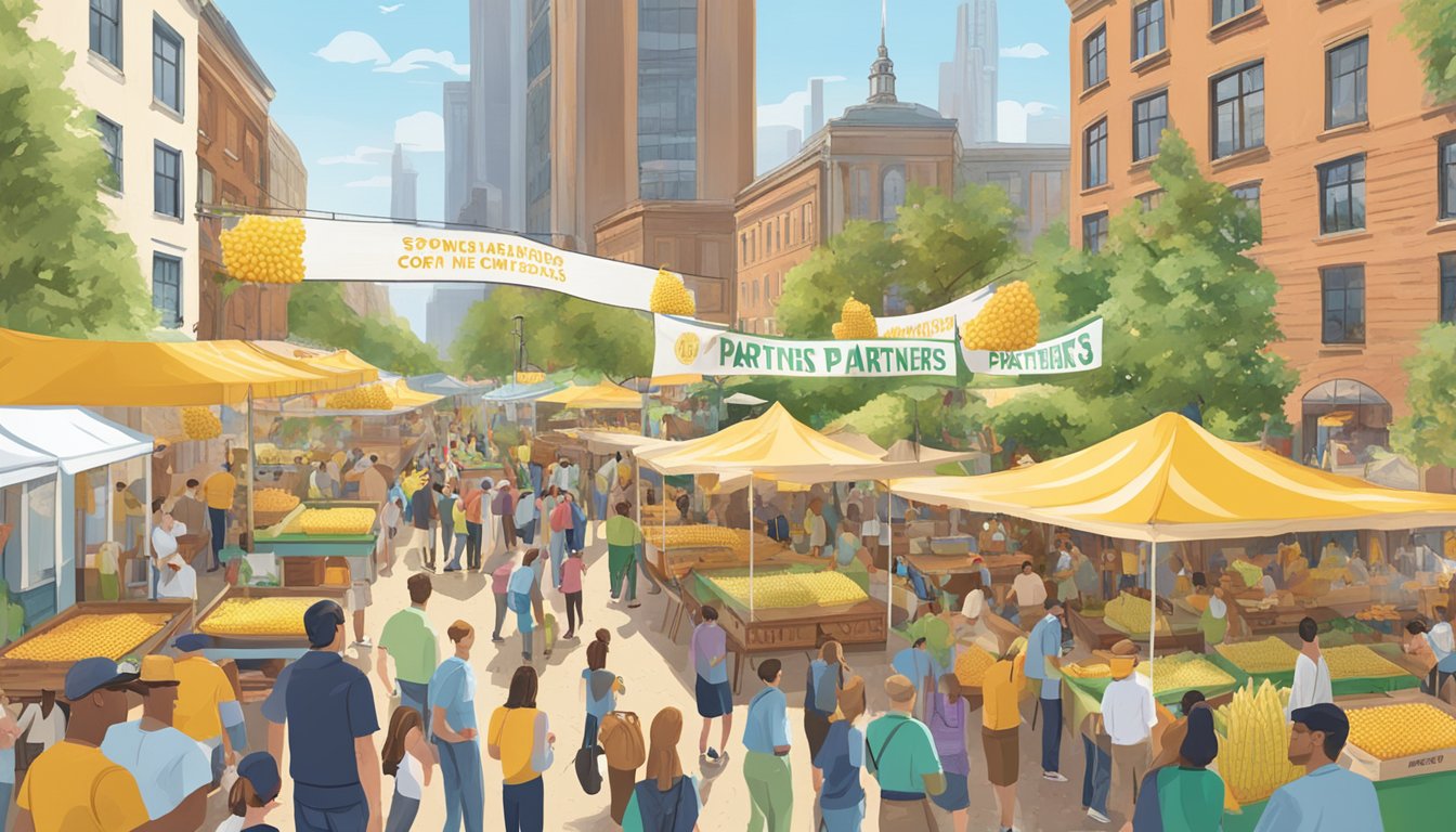 A festive outdoor event with a large banner displaying "Sponsors and Partners Corn on the Cob Days 2024". Tables and vendors line the area, with people milling about