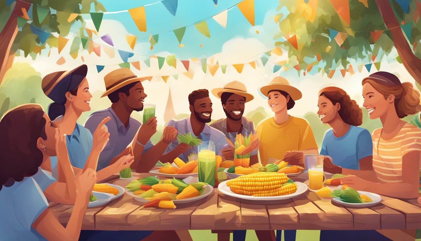 A festive picnic table with a variety of colorful corn on the cob dishes surrounded by people engaged in lively conversations and taking photos