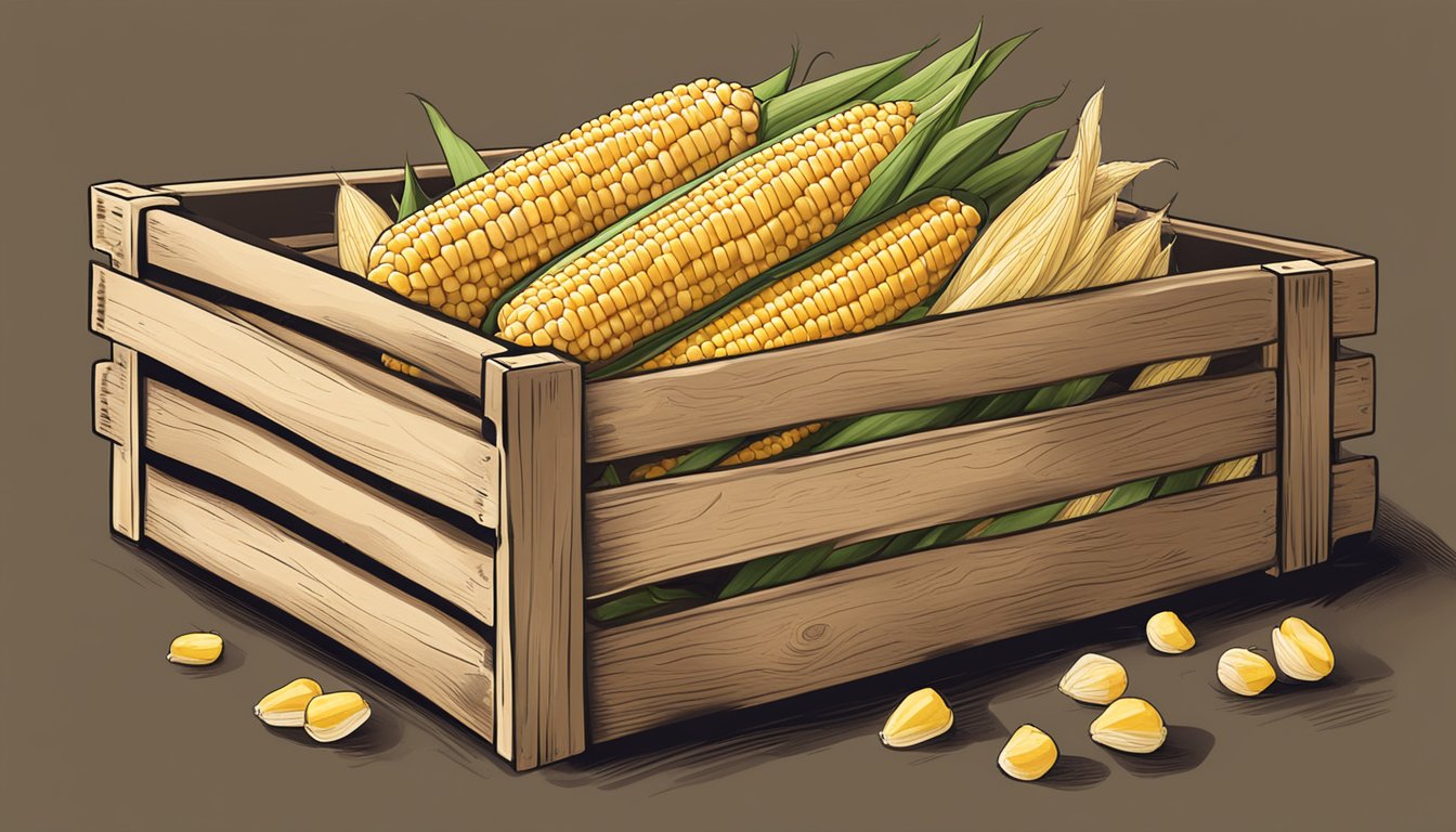 A rustic wooden crate overflowing with fresh ears of corn on the cob, with the Kroger logo visible in the background