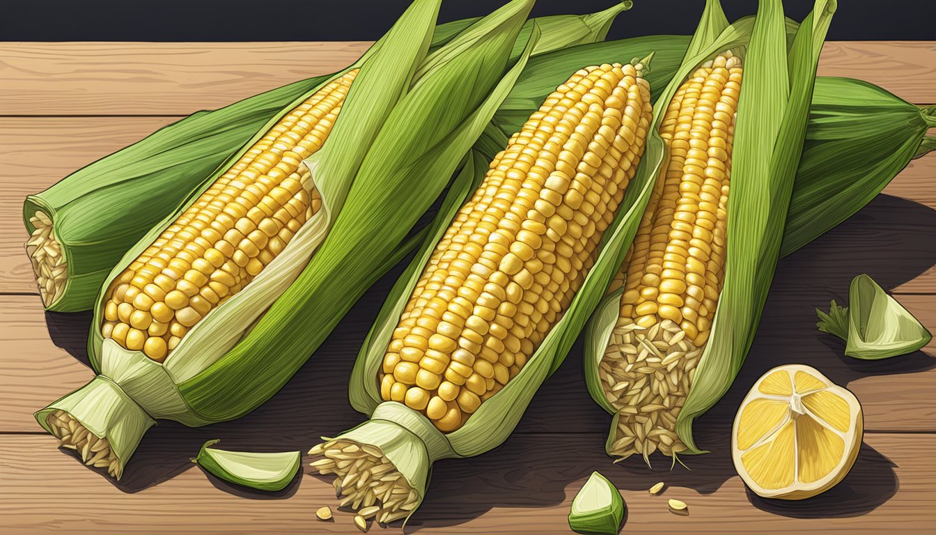 A pile of fresh corn on the cob, with the husks partially peeled back, displayed on a wooden table at a Kroger grocery store