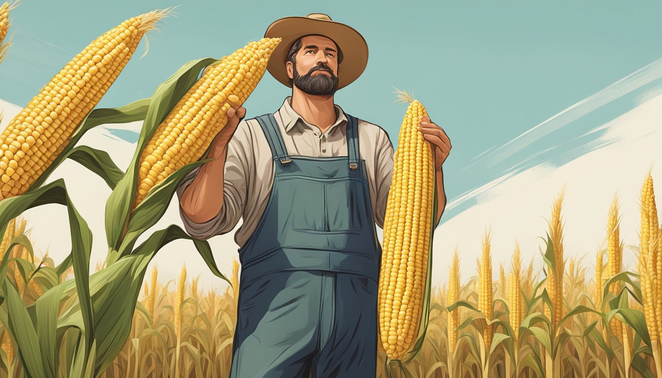 A farmer holding a large, unhusked ear of corn, surrounded by tall stalks in a rustic field