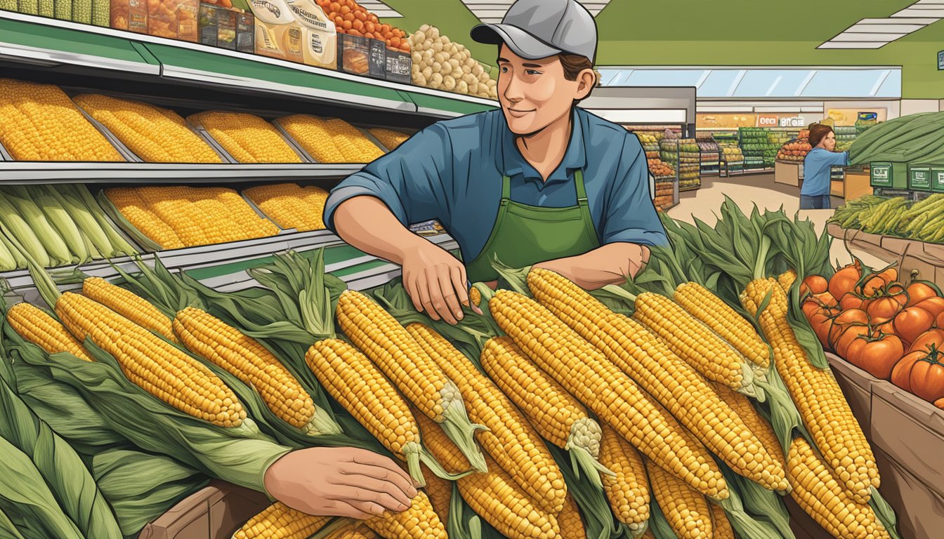 A hand reaching for an ear of corn in the produce section of a Kroger grocery store. Corn is stacked neatly in a display