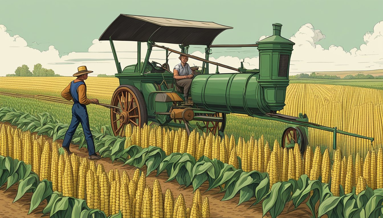 A farmer tending to rows of corn on the cob with a horse-drawn plow in a rural field a century ago