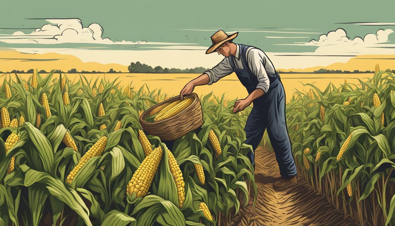 A farmer harvesting corn on the cob from a field with varying weather conditions, including extreme heat and rain, 100 years ago