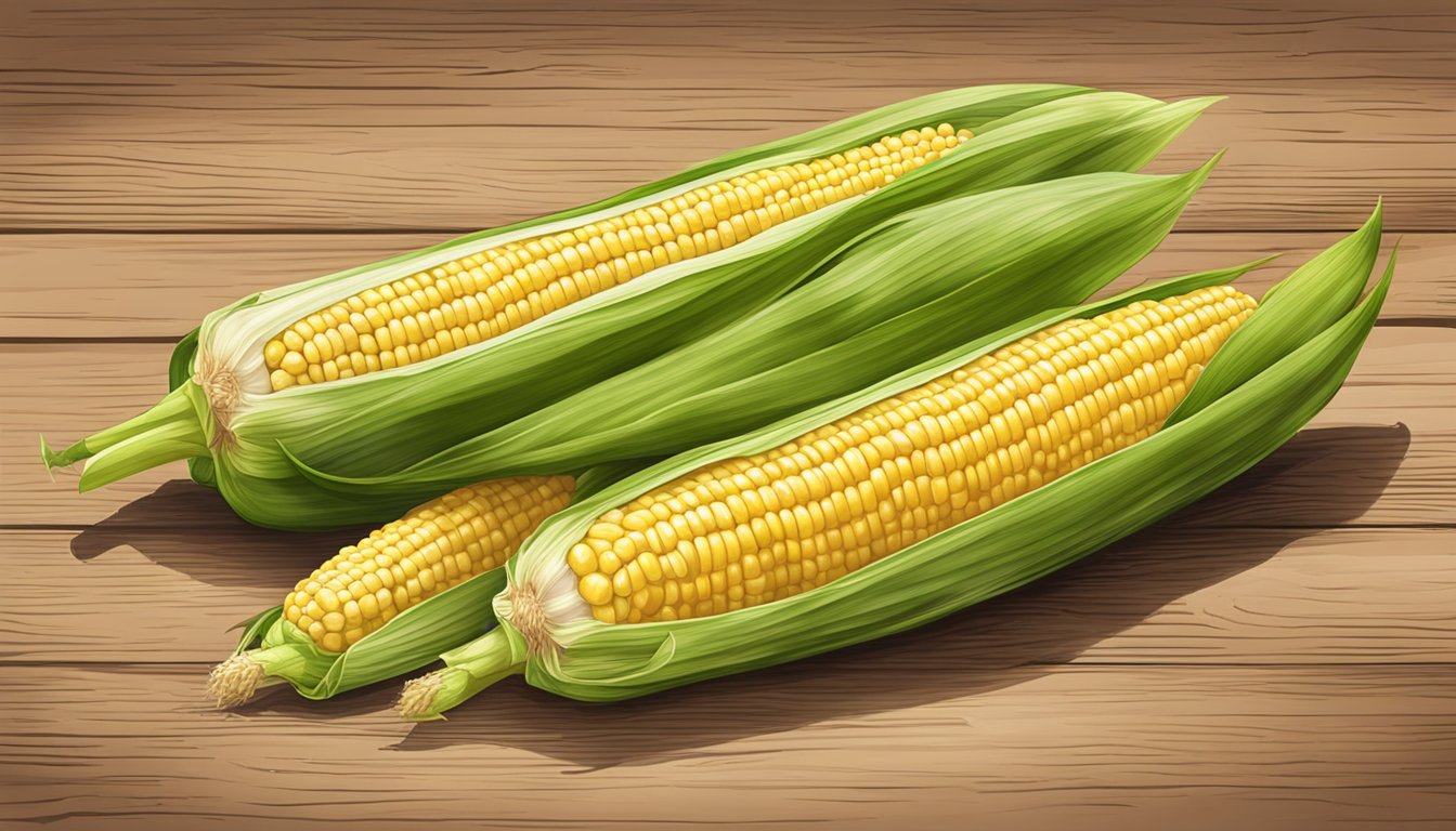 A fresh ear of corn on the cob with green husks, displayed on a wooden table at a Kroger grocery store