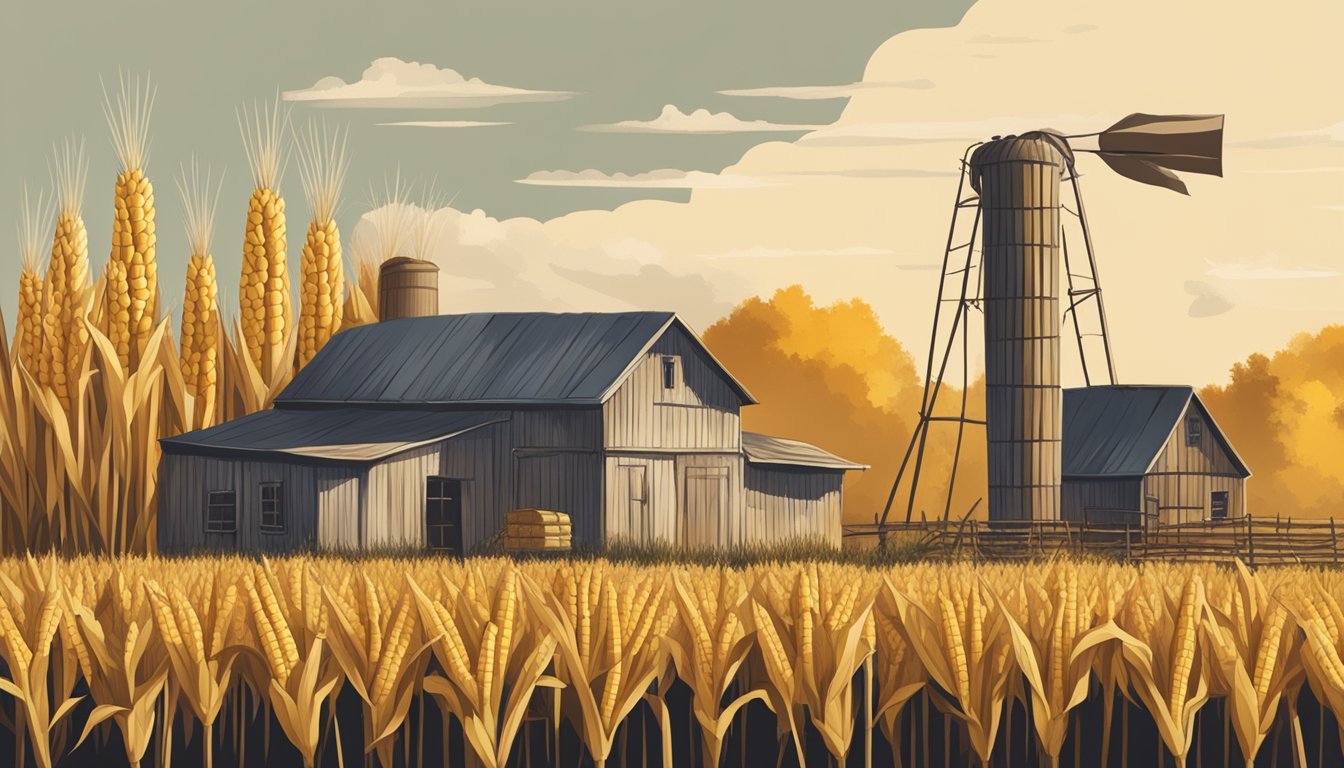 A rustic scene with an old-fashioned farmhouse, a field of tall cornstalks, and a wooden crate filled with freshly picked corn on the cob