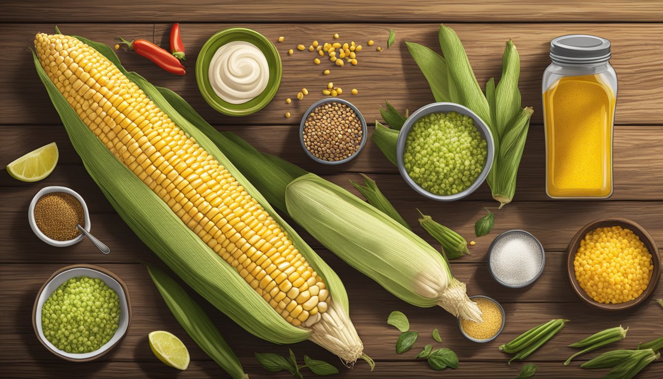 Fresh corn on the cob displayed on a rustic wooden table, surrounded by various condiments and seasonings, with a Kroger grocery store logo in the background