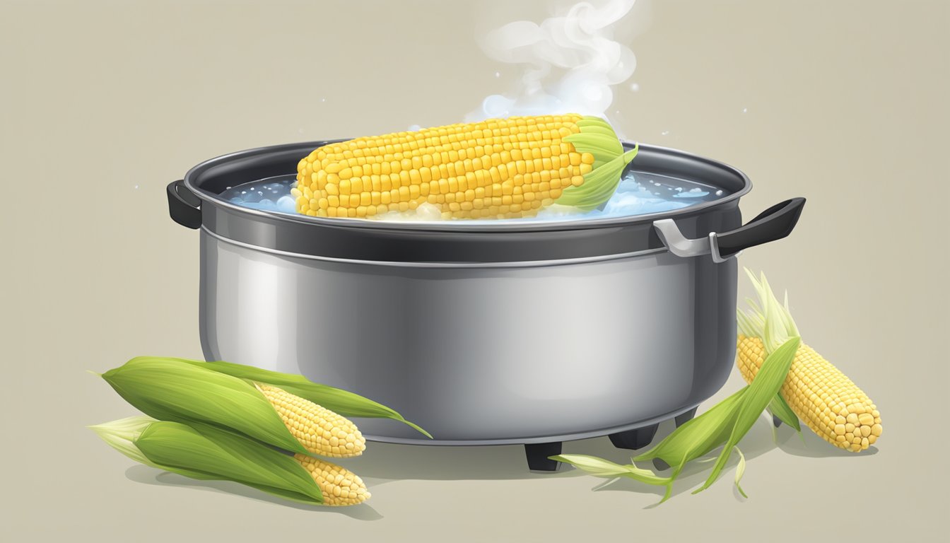 A pot of boiling water with corn on the cob submerged, steam rising. A pair of tongs nearby