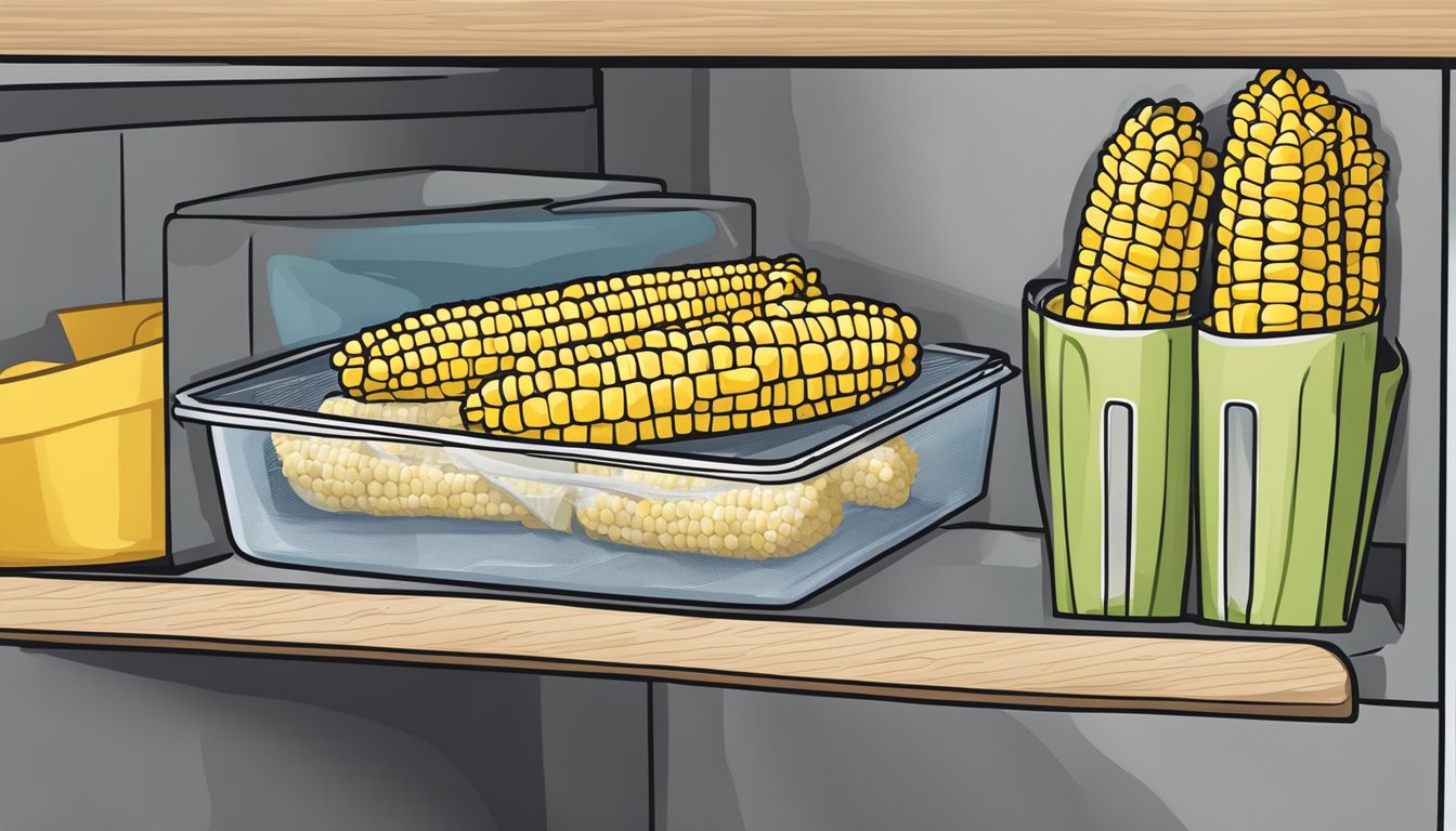 A refrigerator shelf holds a plastic container with leftover corn on the cob from Kroger