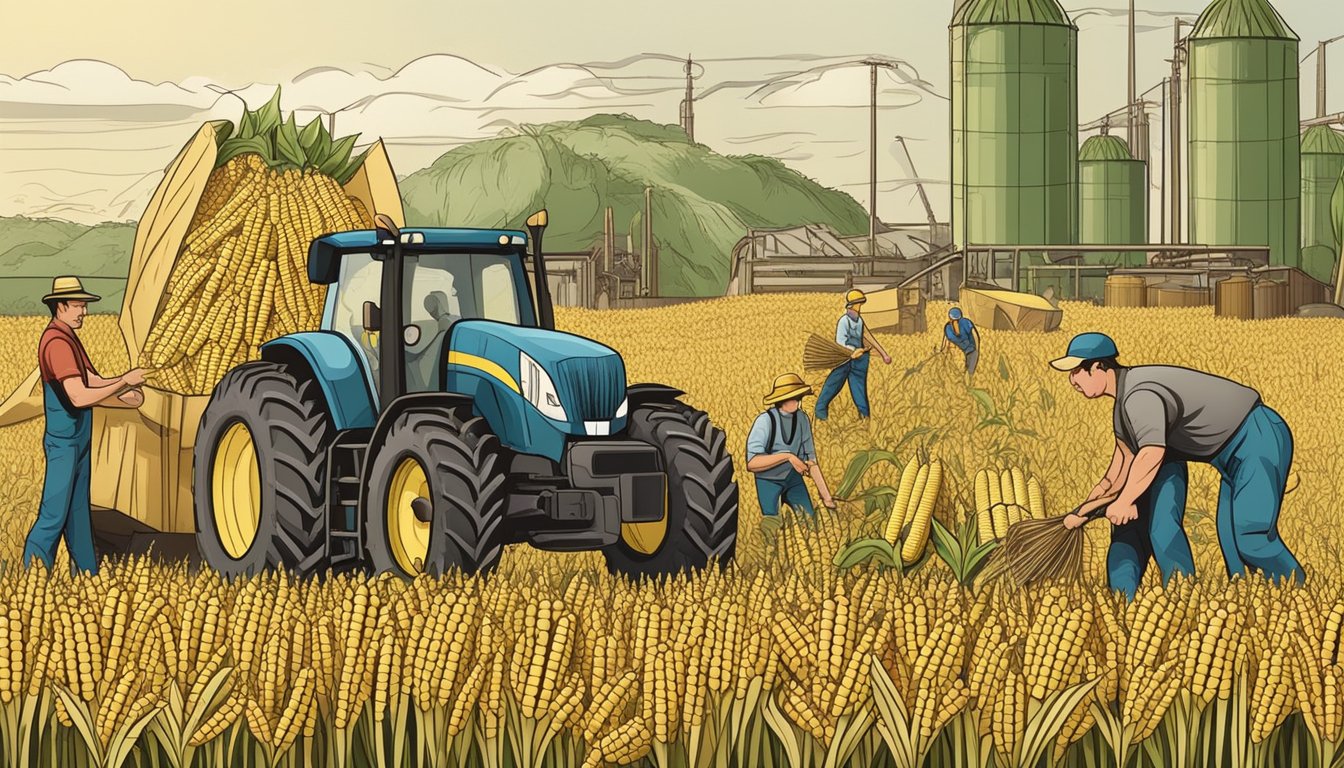 Farmers harvesting corn on the cob with hand tools, while workers in a nearby factory process the corn for industrial use