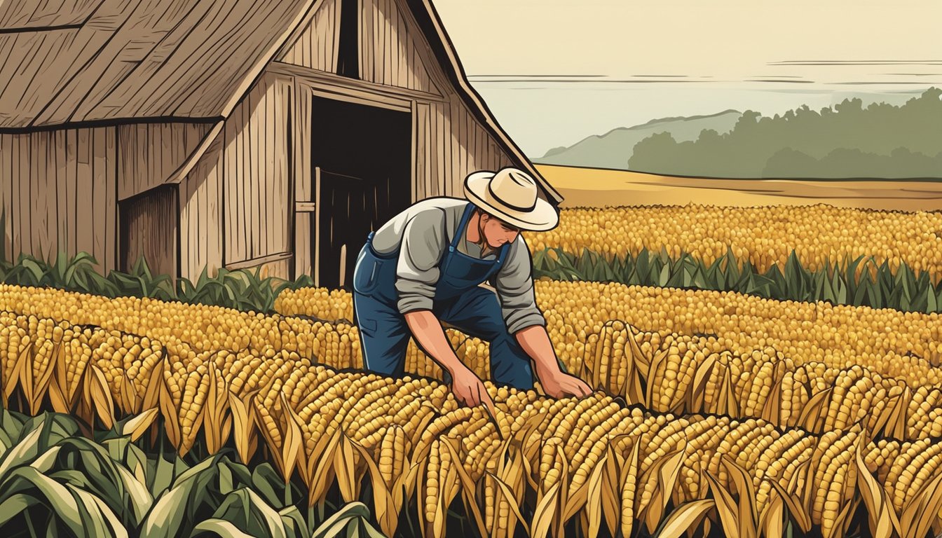 A farmer picking ripe corn on the cob from a field with a rustic wooden barn in the background