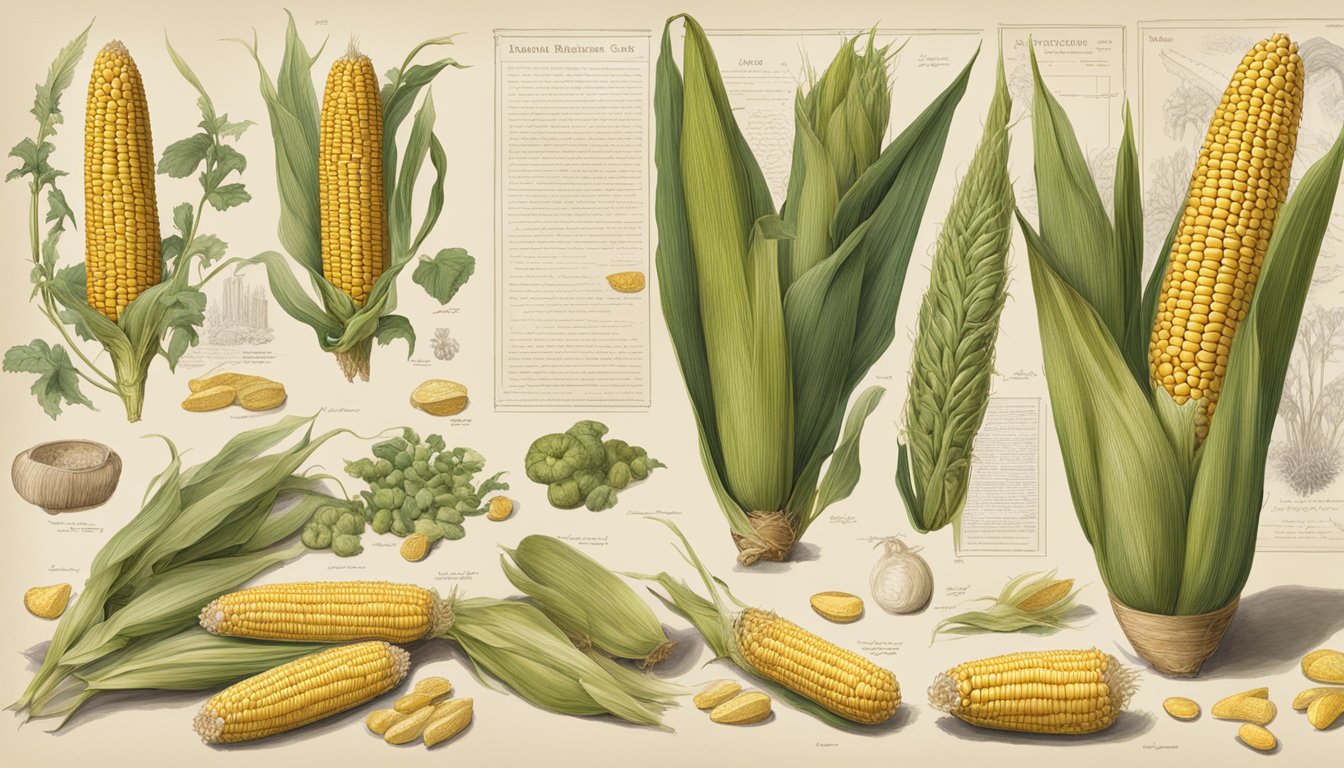 A museum display featuring a 1920s academic's detailed illustrations of corn on the cob, alongside preserved specimens and historical documents