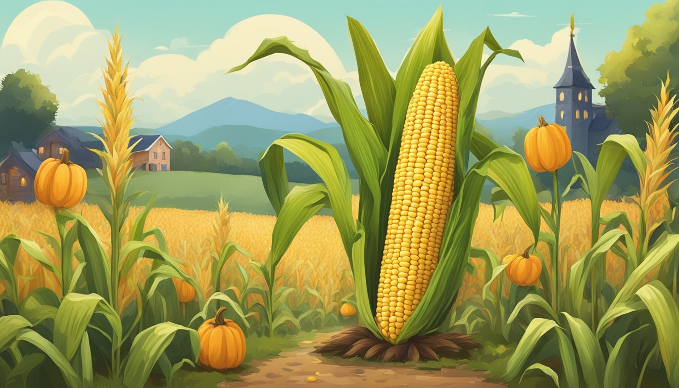 A giant ear of corn stands in a field, with husks and kernels visible. The costume is surrounded by Halloween decorations