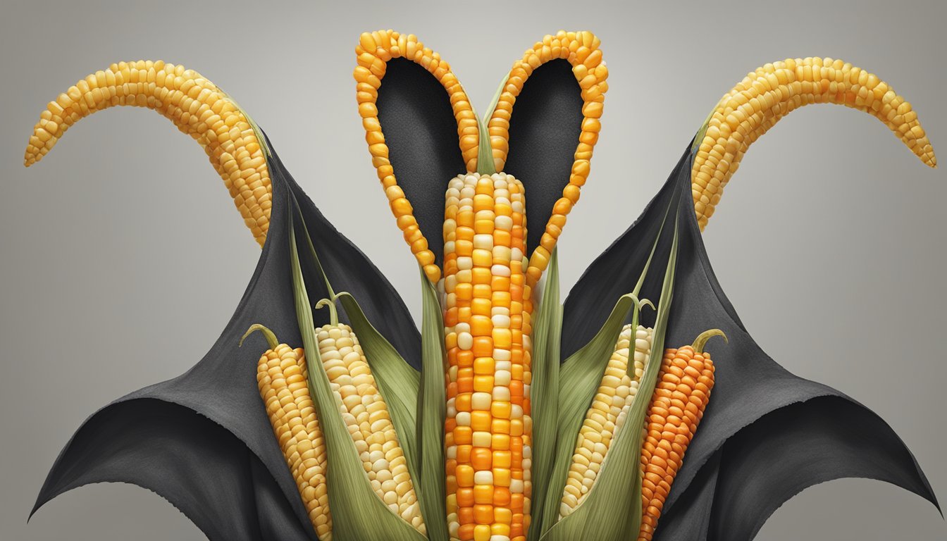 A giant ear of corn with a spooky face, wearing a costume made of orange and black fabric, with candy corn accessories